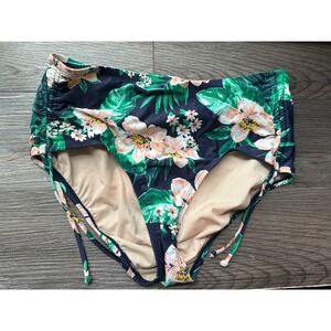 Kona Sol Floral High Waist Bikini Bottoms Ruched Tie Sides Plus Size‎ 14W